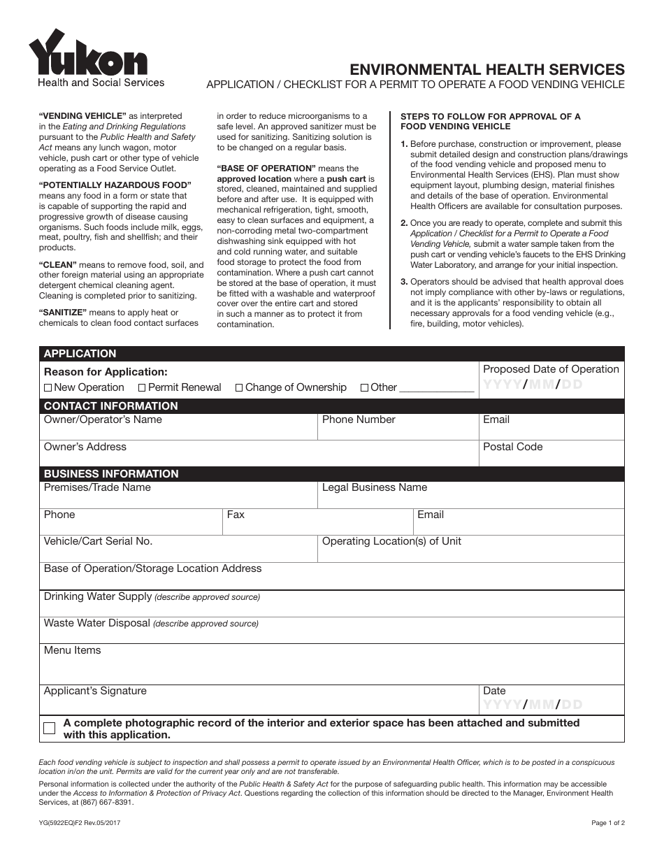 Form YG5922 Application / Checklist for a Permit to Operate a Food Vending Vehicle - Yukon, Canada, Page 1