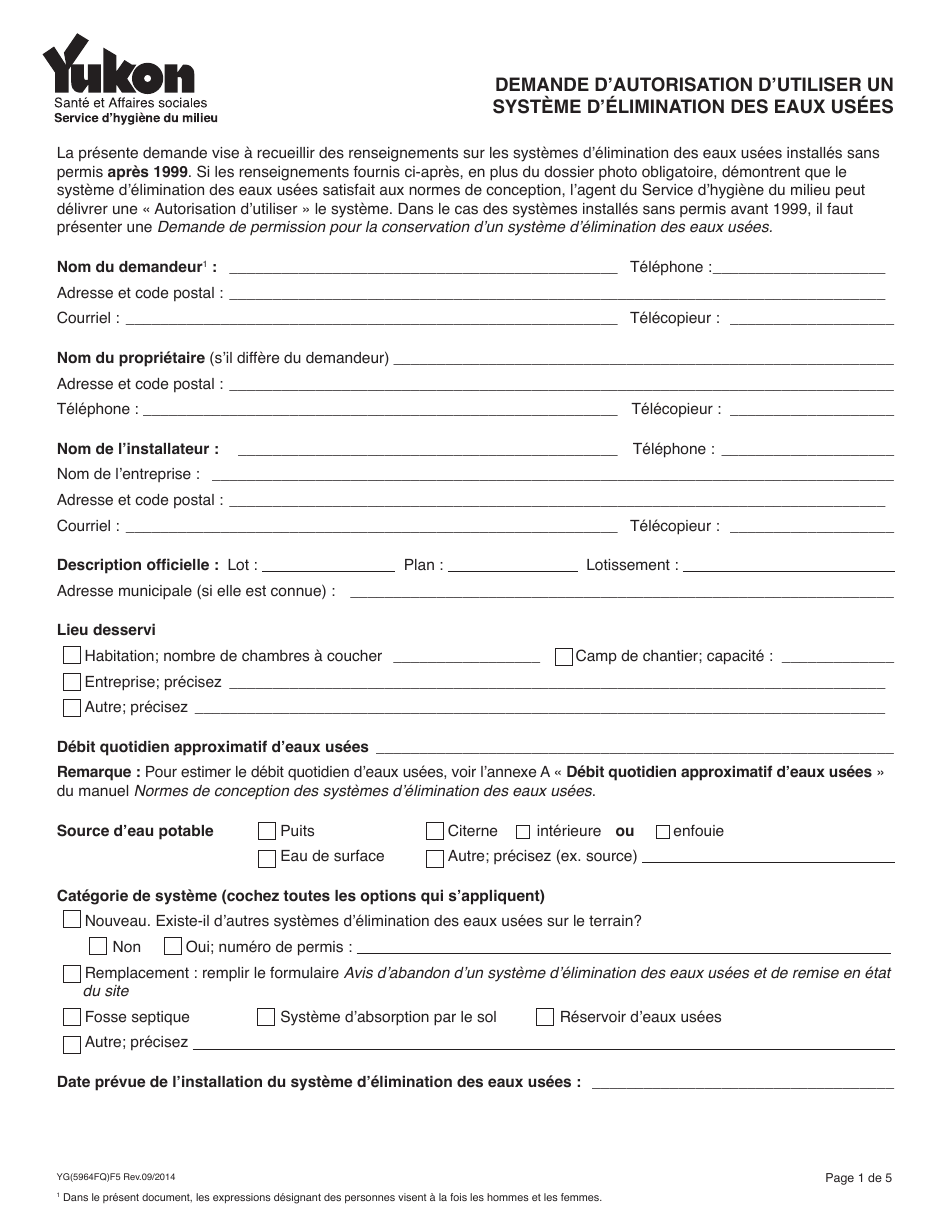 Forme YG5964 Demande Dautorisation Dutiliser Un Systeme Delimination DES Eaux Usees - Yukon, Canada (French), Page 1