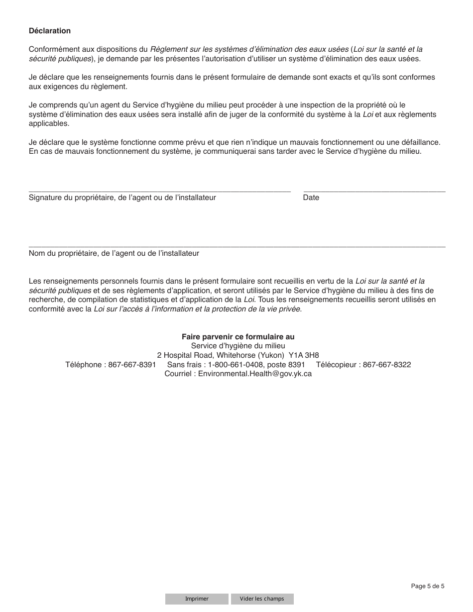 Forme YG5964 Demande Dautorisation Dutiliser Un Systeme Delimination DES Eaux Usees - Yukon, Canada (French), Page 5