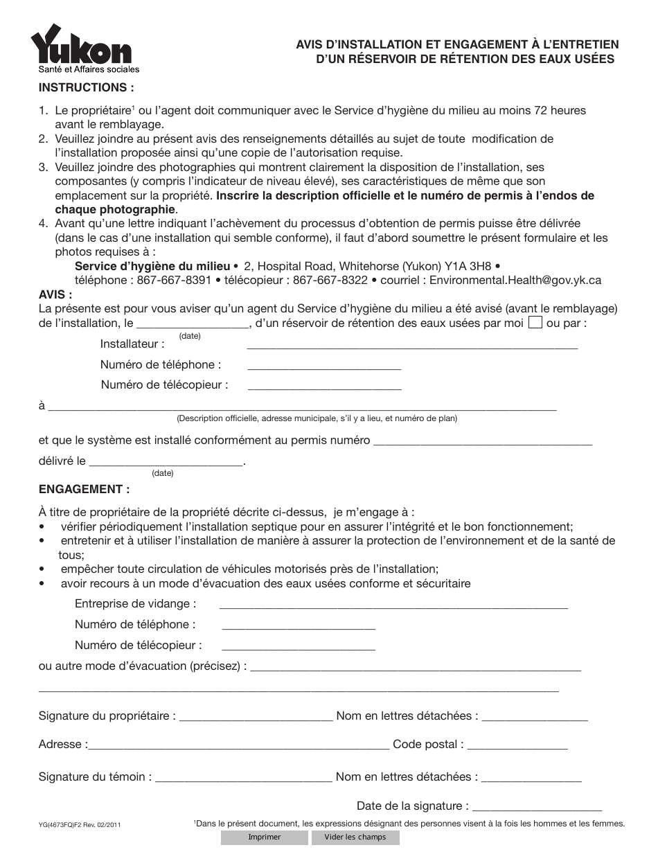 Forme YG4673 Avis Dinstallation Et Engagement a Lentretien Dun Reservoir De Retention DES Eaux Usees - Yukon, Canada (French), Page 1