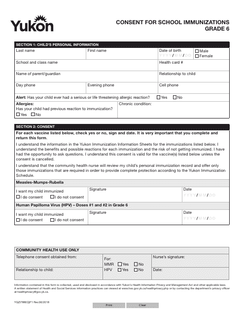 Form YG5788 Consent for School Immunizations - Grade 6 - Yukon, Canada