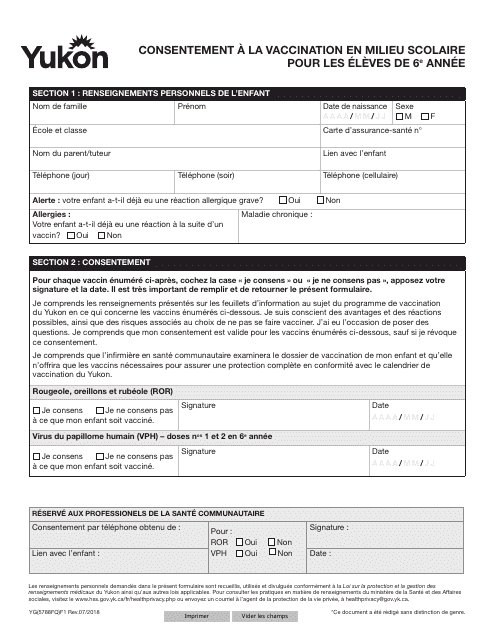 Forme YG5788 Consentement a La Vaccination En Milieu Scolairepour Les Eleves De 6e Annee - Yukon, Canada (French)