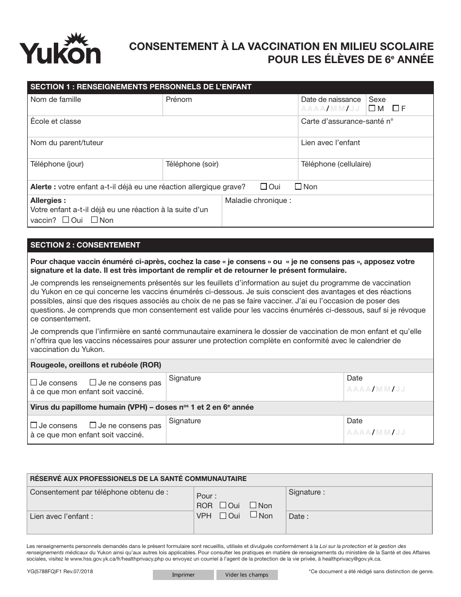 Forme YG5788 Consentement a La Vaccination En Milieu Scolairepour Les Eleves De 6e Annee - Yukon, Canada (French), Page 1