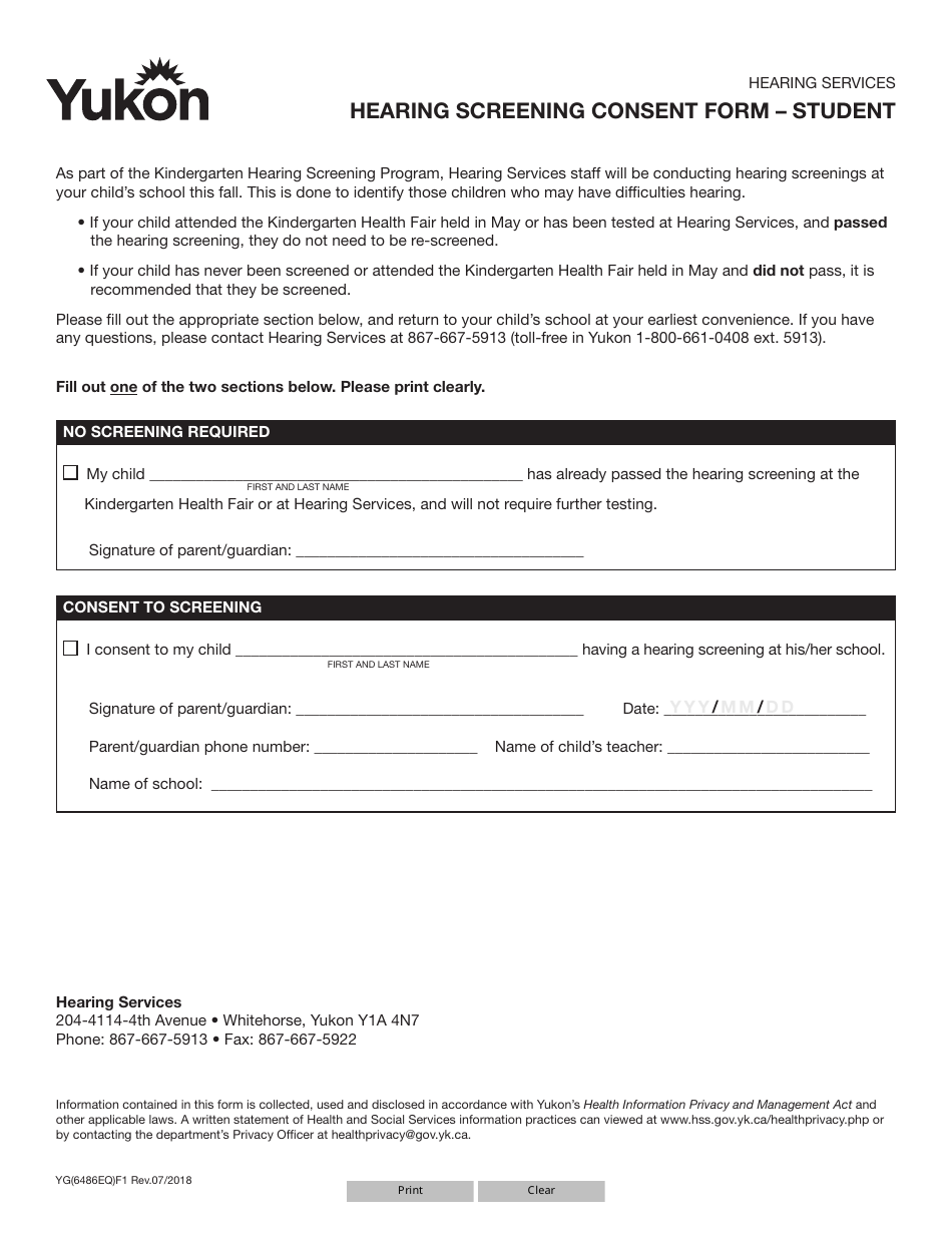 Form YG6486 Hearing Screening Consent Form - Student - Yukon, Canada, Page 1