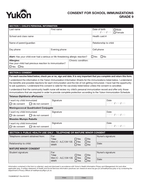 Form YG5838 Consent for School Immunizations - Grade 9 - Yukon, Canada