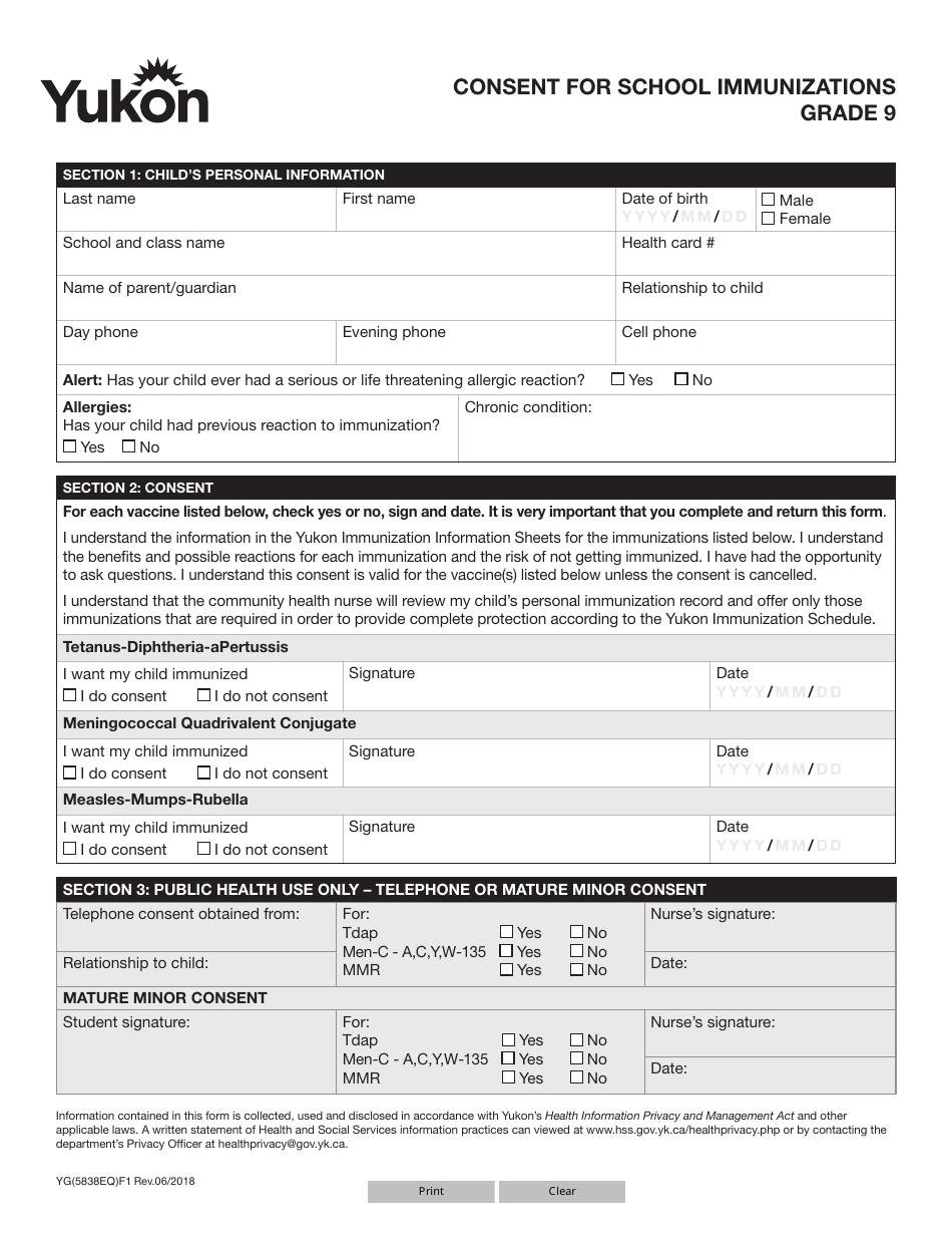 Form YG5838 Consent for School Immunizations - Grade 9 - Yukon, Canada, Page 1