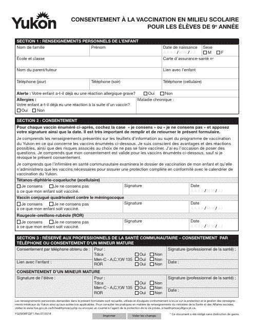Forme YG5838 Consent for School Immunizations - Grade 9 - Yukon, Canada (French)