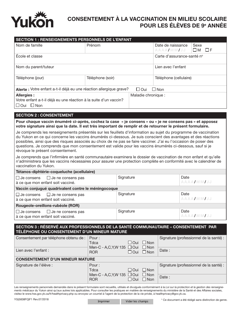 Forme YG5838 Consent for School Immunizations - Grade 9 - Yukon, Canada (French), Page 1