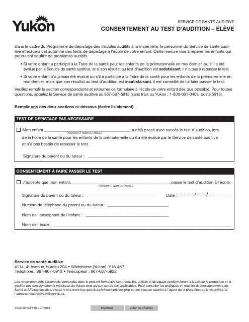 Forme YG6486 Hearing Screening Consent Form - Student - Yukon, Canada (French)