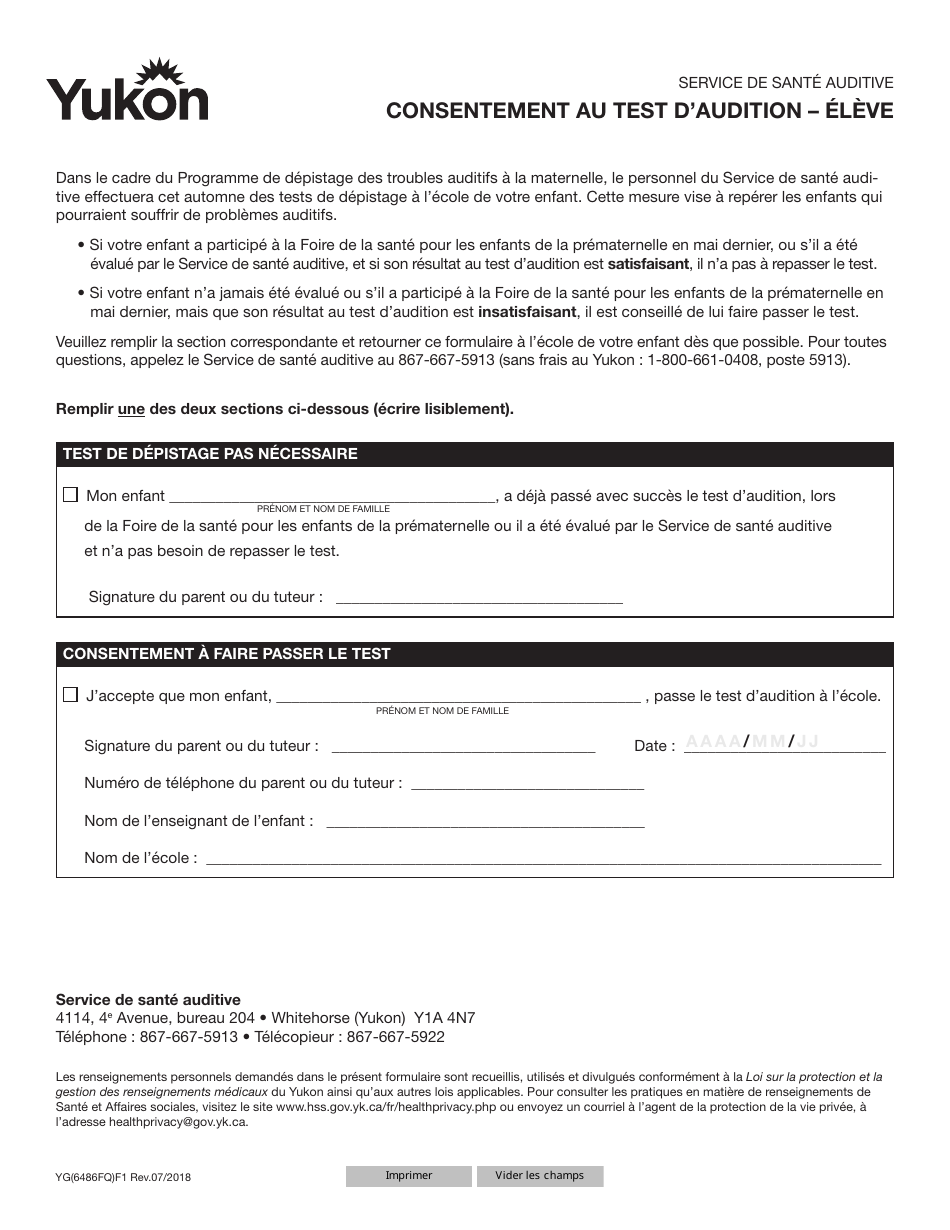 Forme YG6486 Hearing Screening Consent Form - Student - Yukon, Canada (French), Page 1
