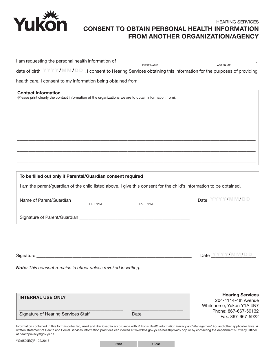 Form YG6529 Consent to Obtain Personal Health Information From Another Organization / Agency - Yukon, Canada, Page 1
