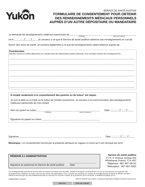 Forme YG6529 Consent to Obtain Personal Health Information From Another Organization/Agency - Yukon, Canada (French)