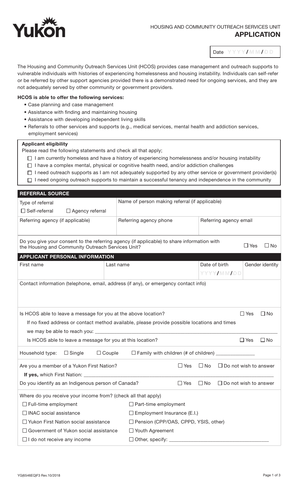 Form YG6546 Application - Hcos Unit - Yukon, Canada, Page 1