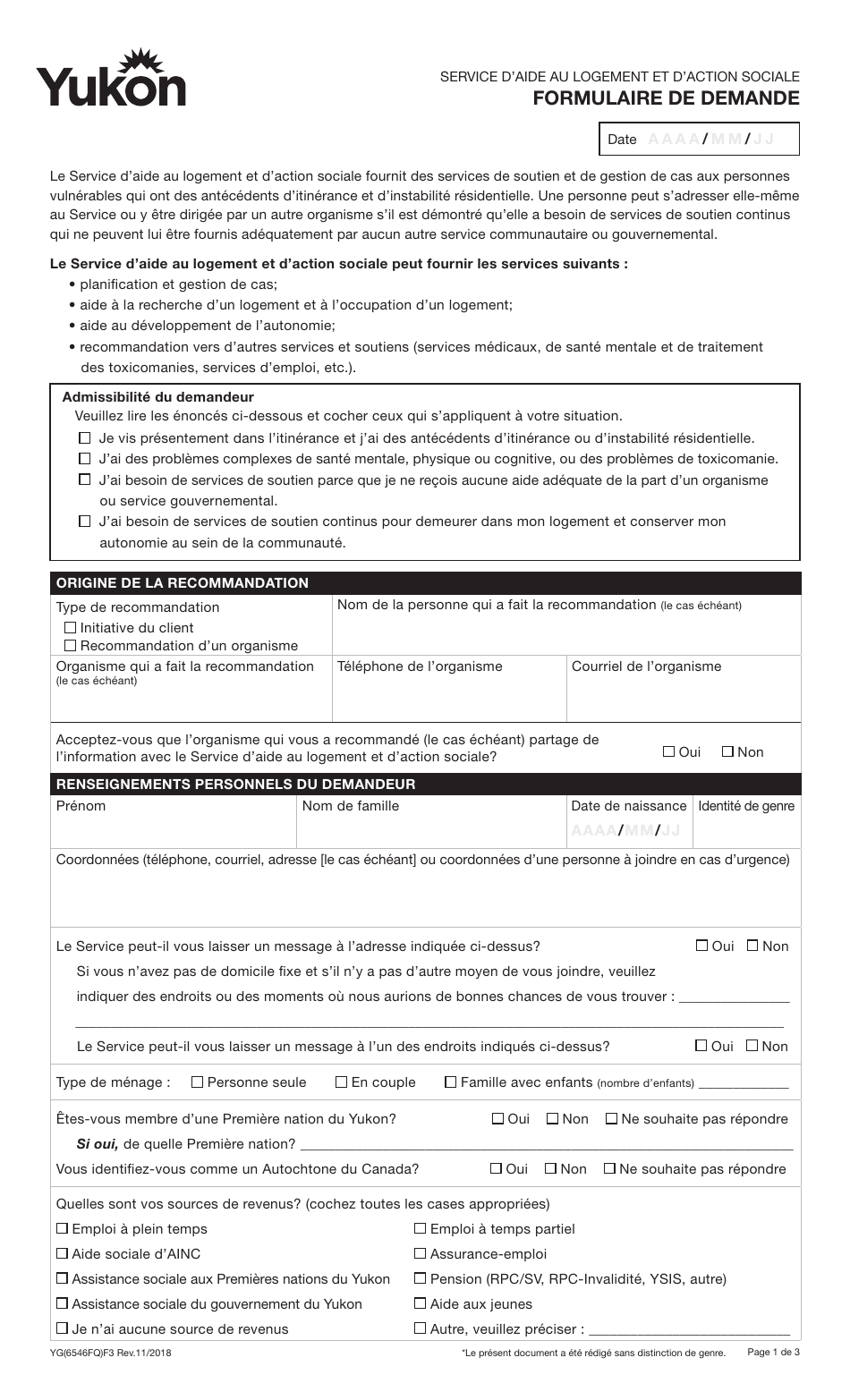 Forme YG6546 Formulaire De Demande - Service Daide Au Logement Et Daction Sociale - Yukon, Canada (French), Page 1