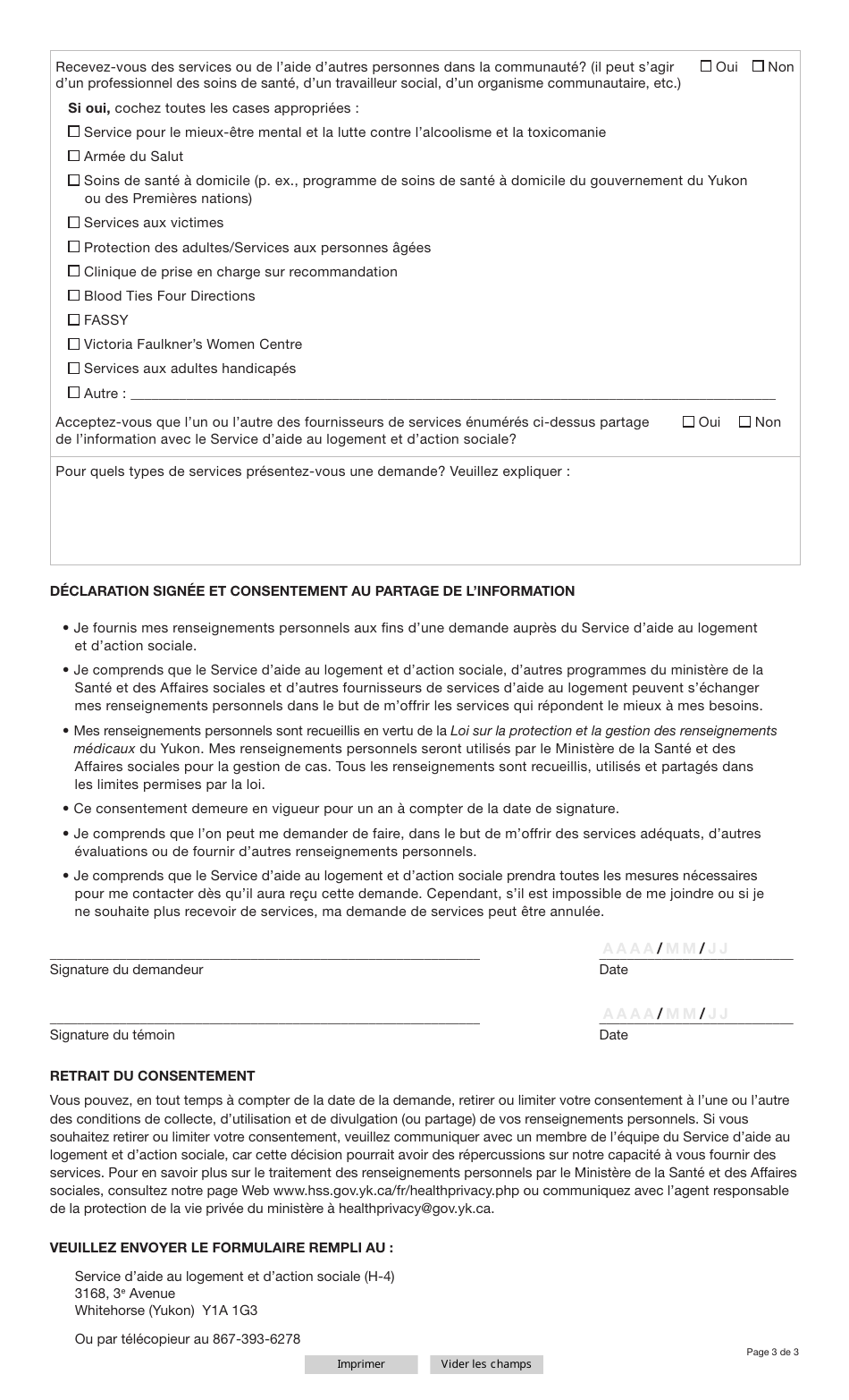 Forme YG6546 Formulaire De Demande - Service Daide Au Logement Et Daction Sociale - Yukon, Canada (French), Page 3