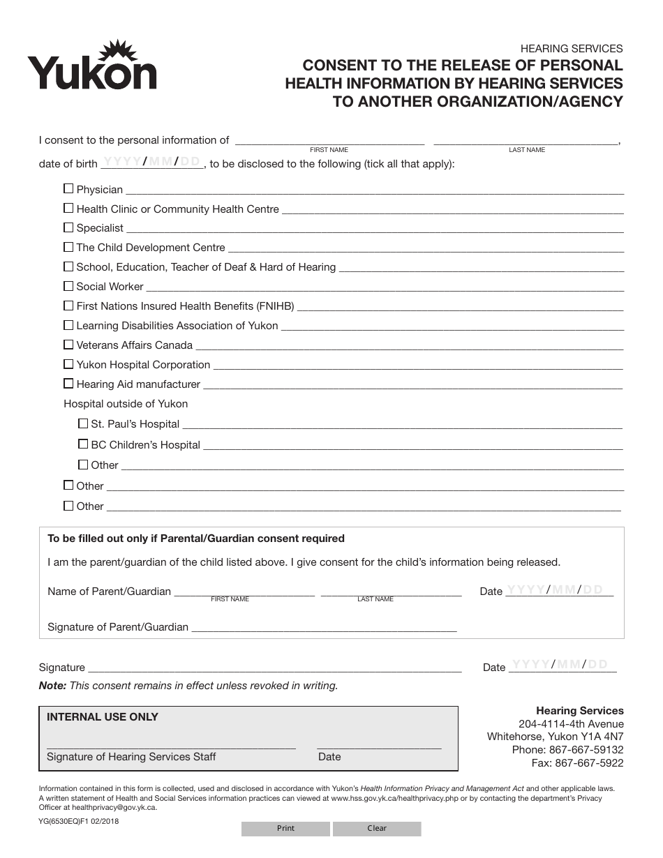 Form YG6530 Consent to the Release of Personal Health Information by Hearing Services to Another Organization / Agency - Yukon, Canada, Page 1