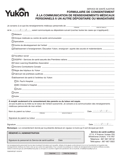 Forme YG6530 Formulaire De Consentement a La Communication De Renseignements Medicaux Personnels a Un Autre Depositaire Ou Mandataire - Yukon, Canada (French)