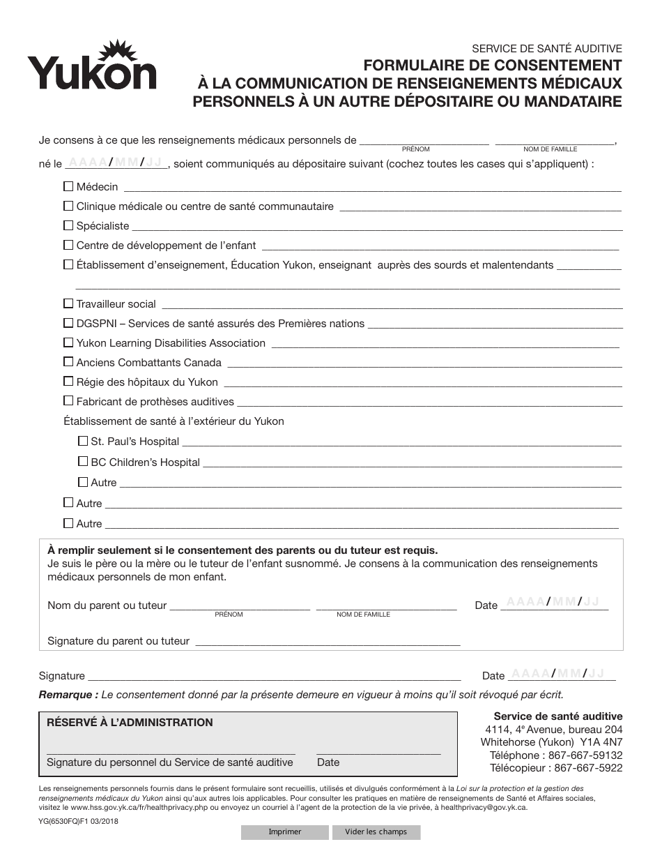 Forme YG6530 Formulaire De Consentement a La Communication De Renseignements Medicaux Personnels a Un Autre Depositaire Ou Mandataire - Yukon, Canada (French), Page 1