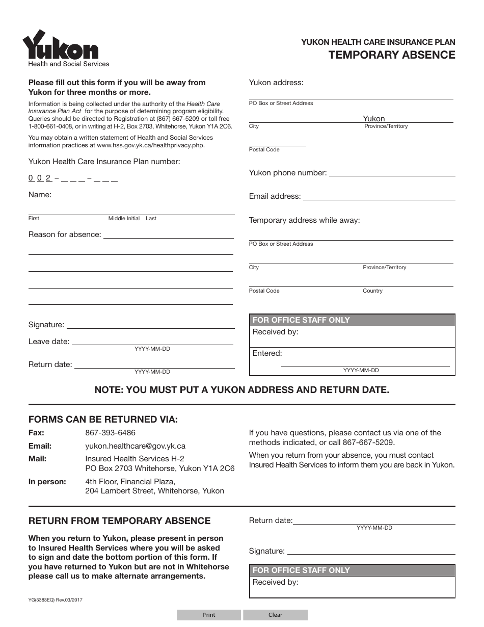 Form YG3383 Fill Out, Sign Online and Download Fillable PDF, Yukon