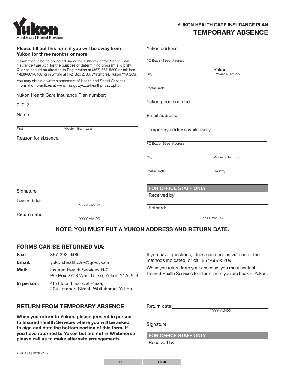 Form YG3383 Temporary Absence - Yukon, Canada, Page 1