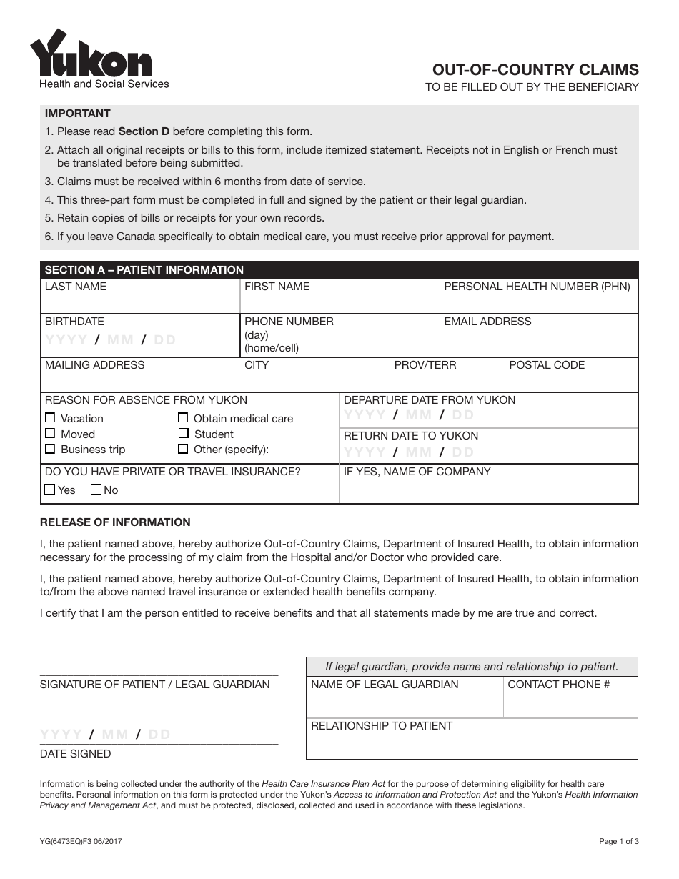 Form YG6473 Out-Of-Country Claims - Yukon, Canada, Page 1