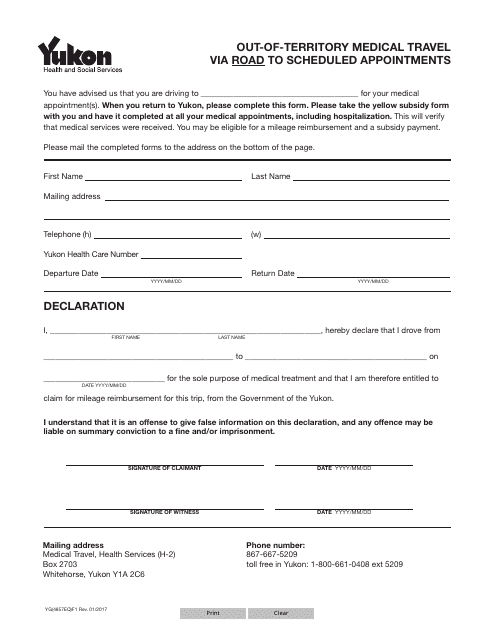 Form YG4857 Out-Of-Territory Medical Travel via Road to Scheduled Appointments - Yukon, Canada