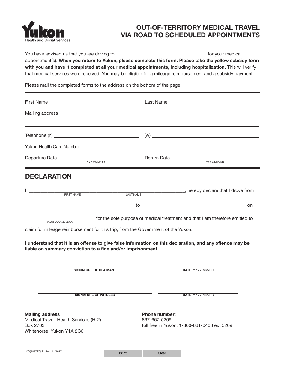 Form YG4857 Out-Of-Territory Medical Travel via Road to Scheduled Appointments - Yukon, Canada, Page 1