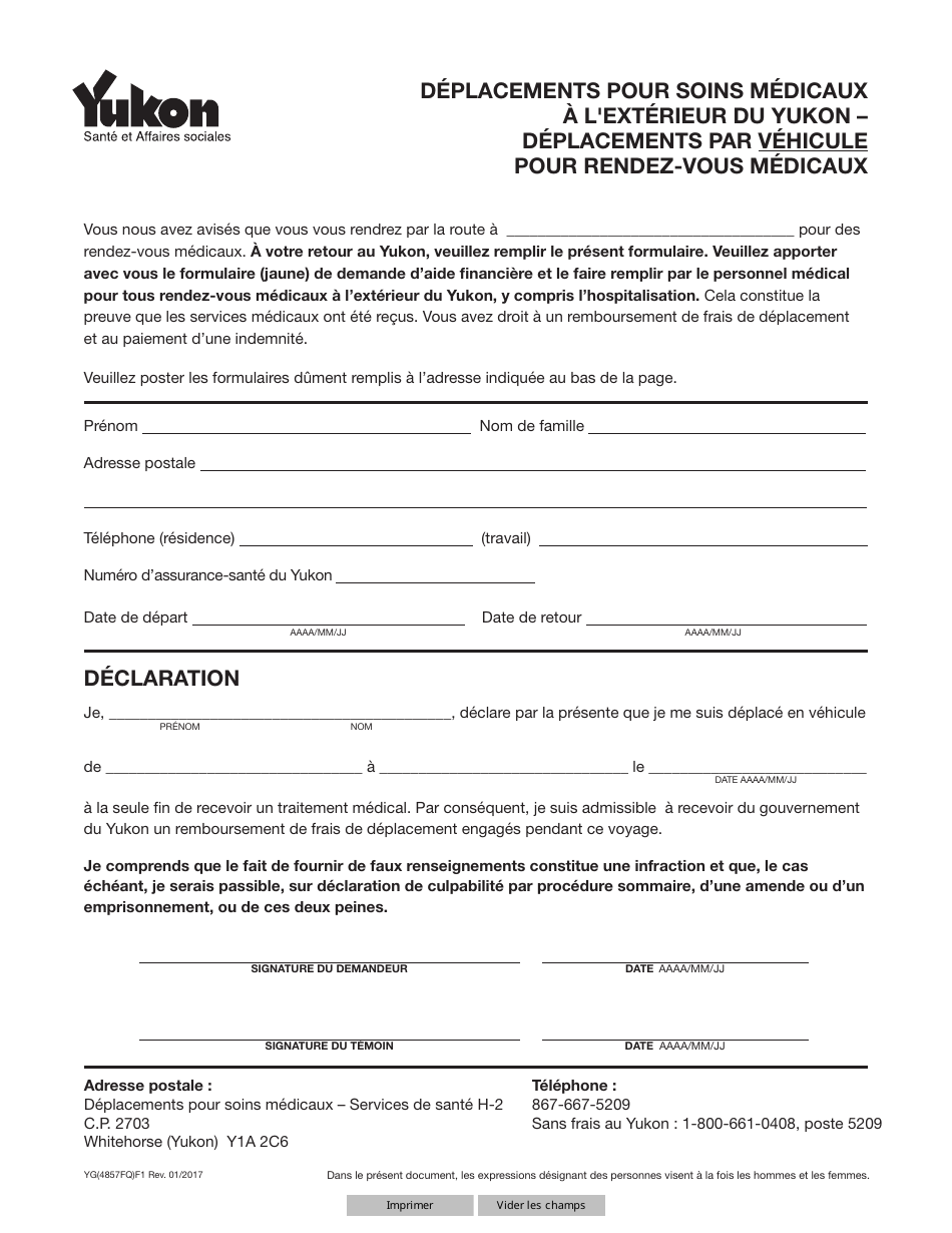 Forme YG4857 Deplacements Pour Soins Medicaux a Lexterieur Du Yukon - Deplacements Par Vehicule Pour Rendez-Vous Medicaux - Yukon, Canada (French), Page 1