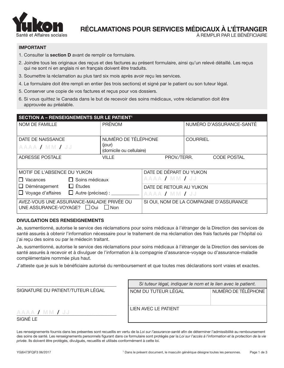 Forme YG6473 Reclamations Pour Services Medicaux a Letranger - Yukon, Canada (French), Page 1