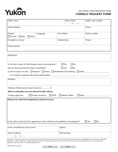 Form YG6673 Consult Request Form - Yukon, Canada