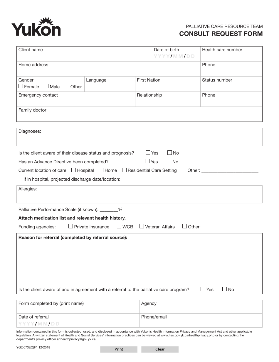 Form YG6673 Consult Request Form - Yukon, Canada, Page 1