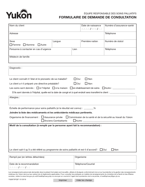 Forme YG6673 Consult Request Form - Yukon, Canada (French)