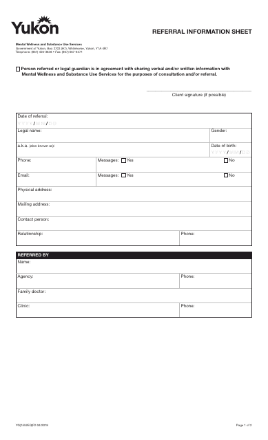 Form YG1552 Referral Information Sheet - Yukon, Canada