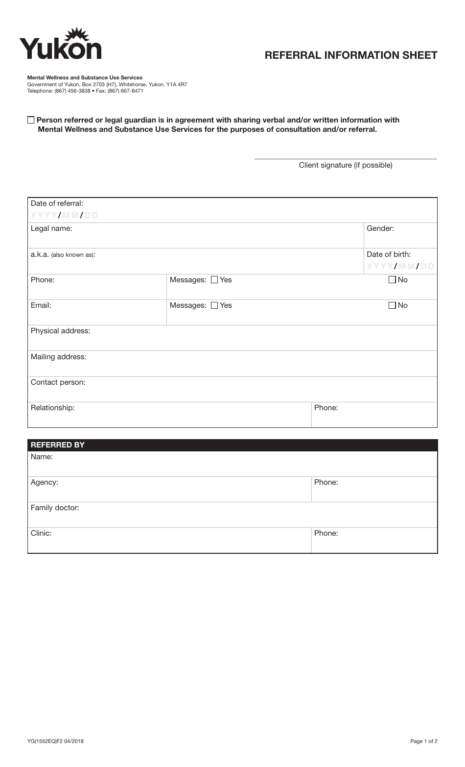 Form YG1552 Referral Information Sheet - Yukon, Canada, Page 1