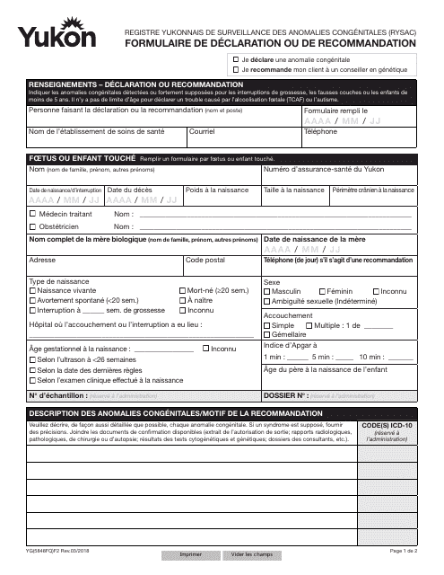 Forme YG5848 Formulaire De Declaration Ou De Recommandation - Yukon, Canada (French)