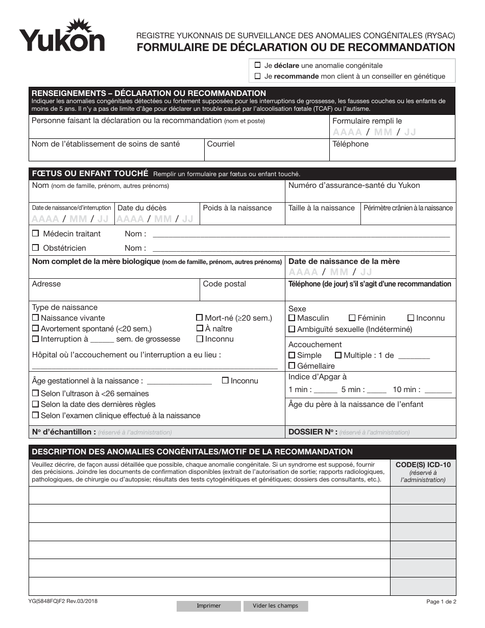 Forme YG5848 Formulaire De Declaration Ou De Recommandation - Yukon, Canada (French), Page 1