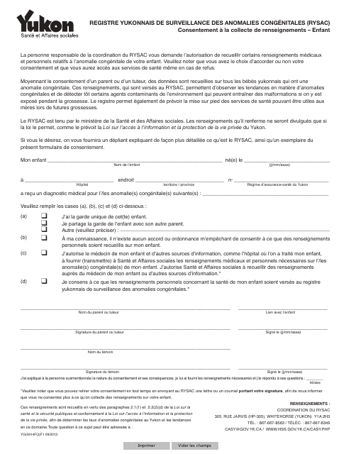 Forme YG5914 Consentement a La Collecte De Renseignements - Enfant - Yukon, Canada (French)