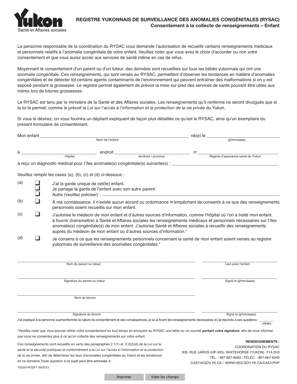 Forme YG5914 Consentement a La Collecte De Renseignements - Enfant - Yukon, Canada (French), Page 1