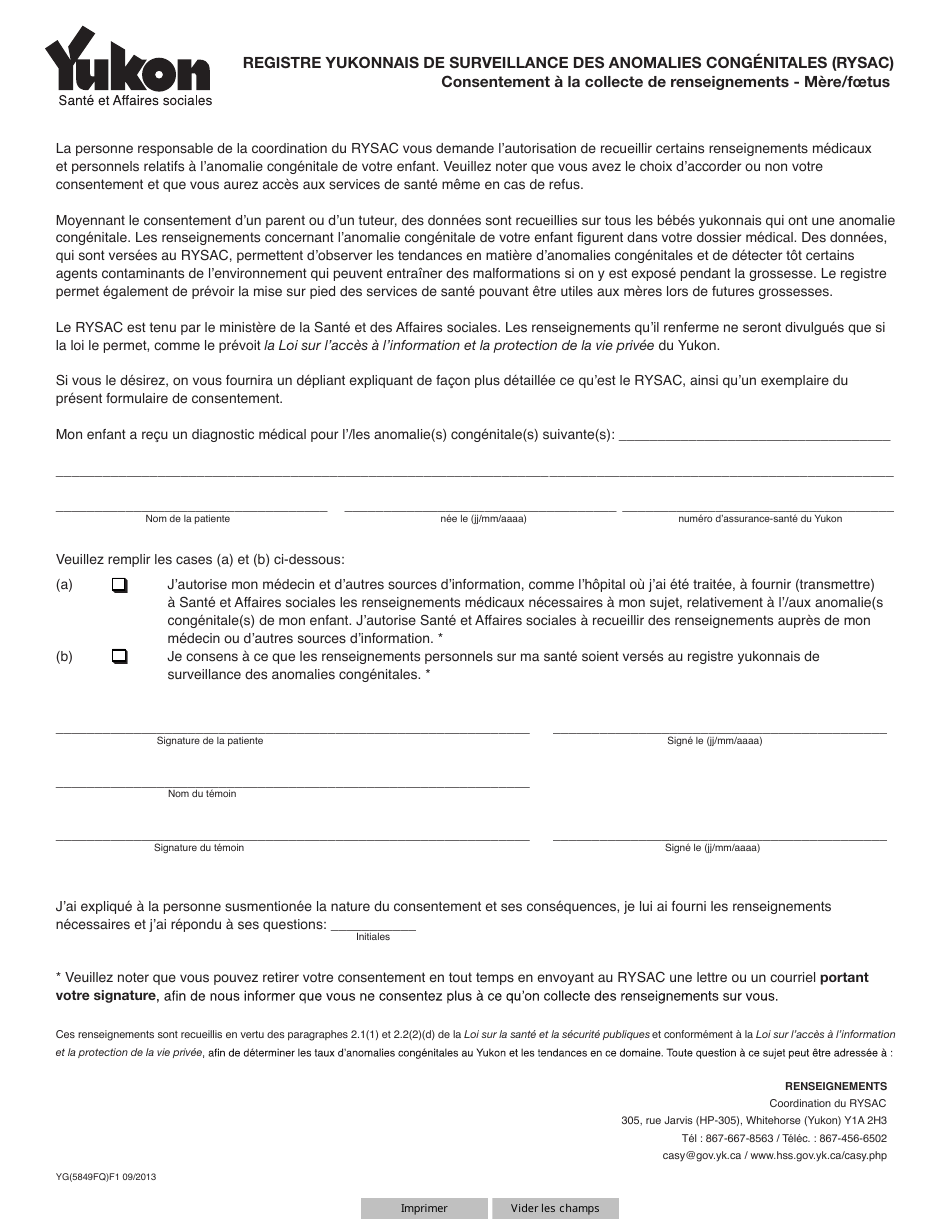 Forme YG5849 Consentement a La Collecte De Renseignements - Mere / Foetus - Yukon, Canada (French), Page 1
