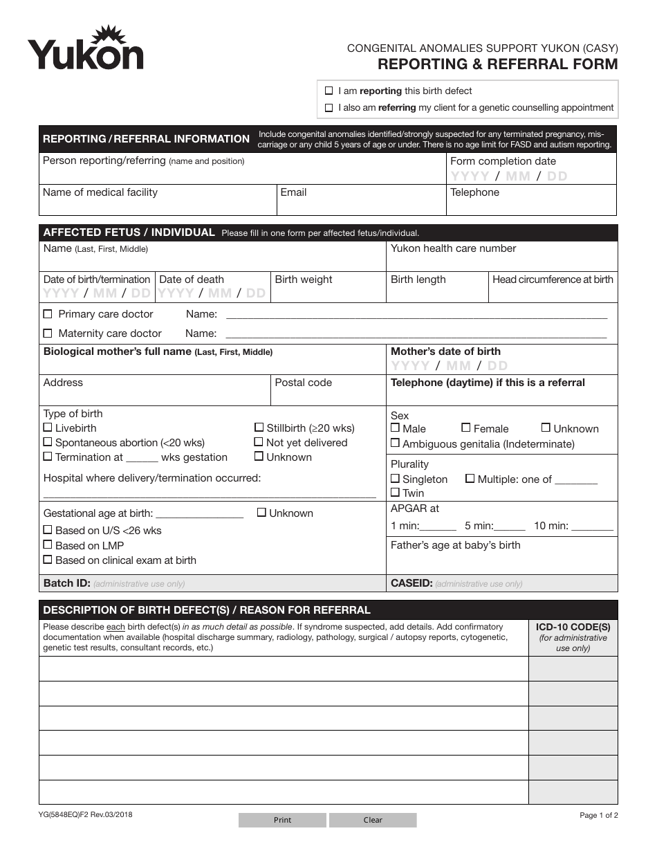 Form YG5848 Congenital Anomalies Support Yukon (Casy) Reporting  Referral Form - Yukon, Canada, Page 1