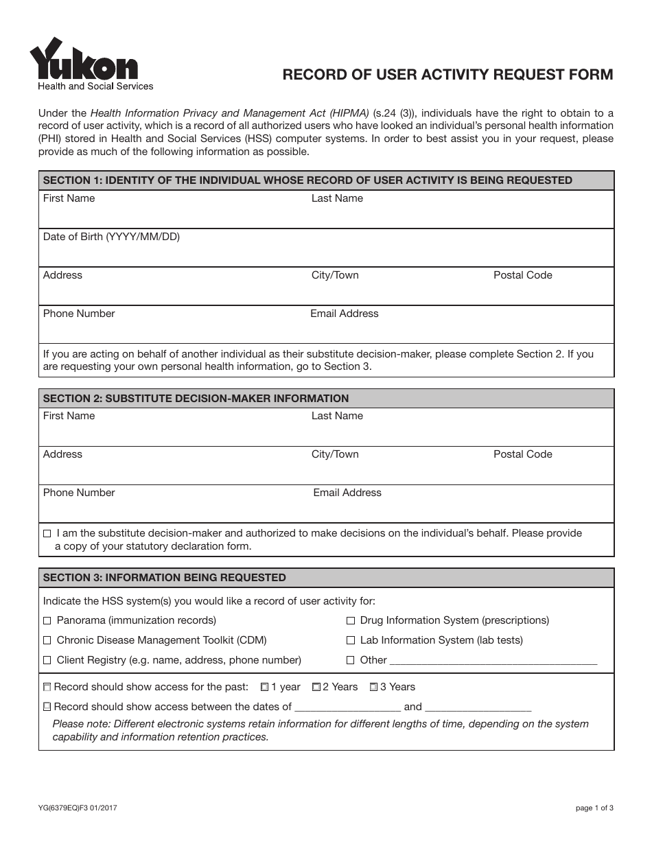 Form YG6379 Record of User Activity Request Form - Yukon, Canada, Page 1