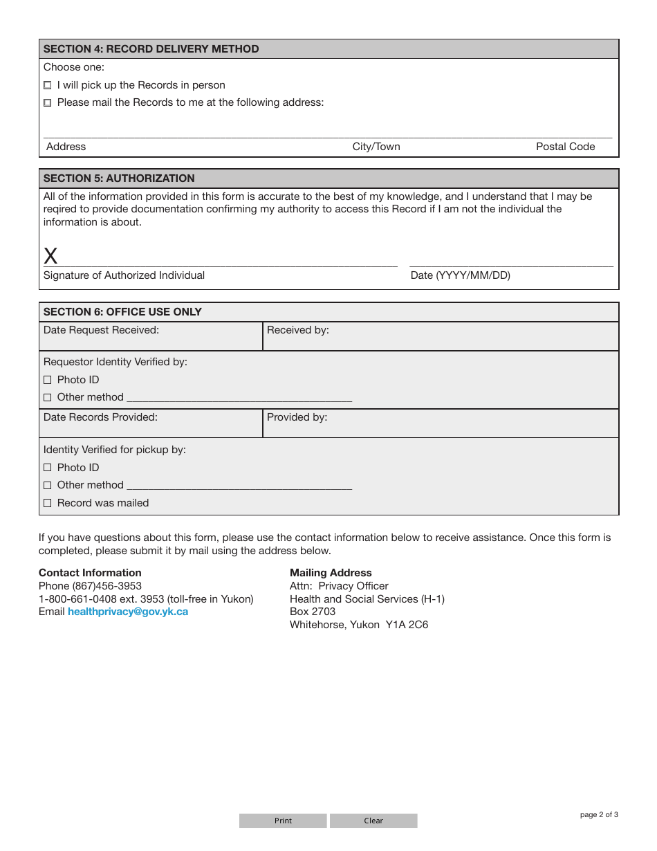 Form YG6379 Record of User Activity Request Form - Yukon, Canada, Page 2