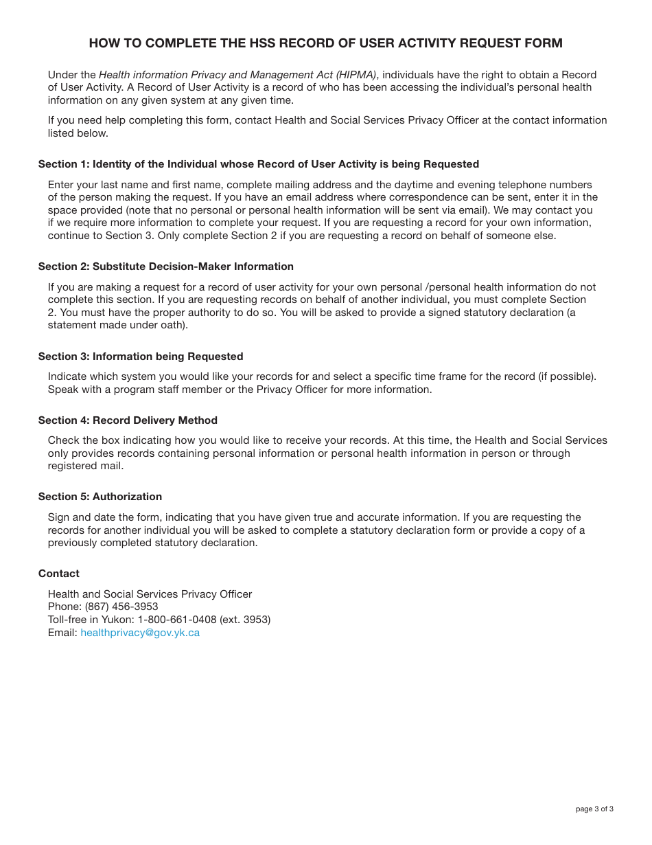 Form YG6379 Record of User Activity Request Form - Yukon, Canada, Page 3