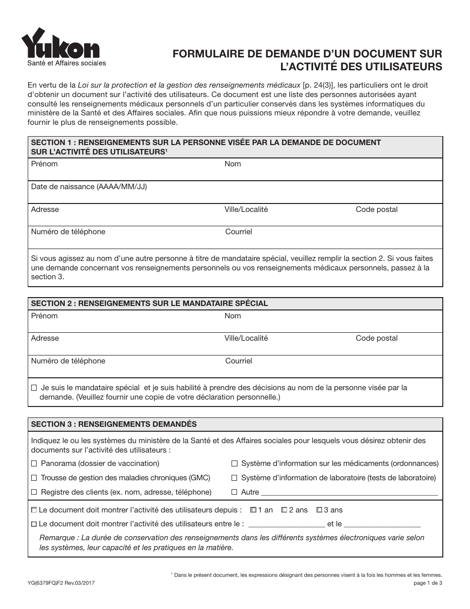 Forme YG6379 Record of User Activity Request Form - Yukon, Canada (French), Page 1