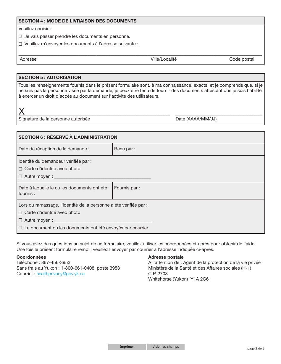 Forme YG6379 Record of User Activity Request Form - Yukon, Canada (French), Page 2