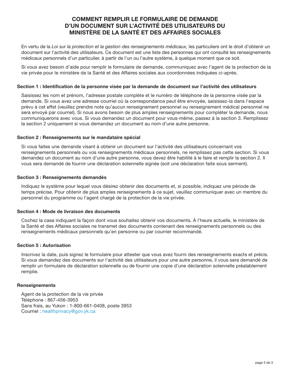 Forme YG6379 Record of User Activity Request Form - Yukon, Canada (French), Page 3