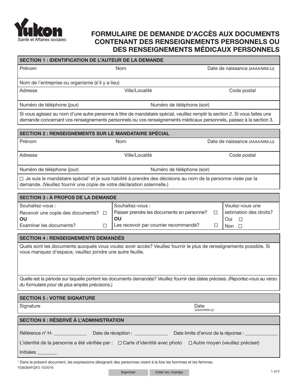 Forme YG6364 Request for Access to Personal Information / Personal Health Information Records - Yukon, Canada (French), Page 1