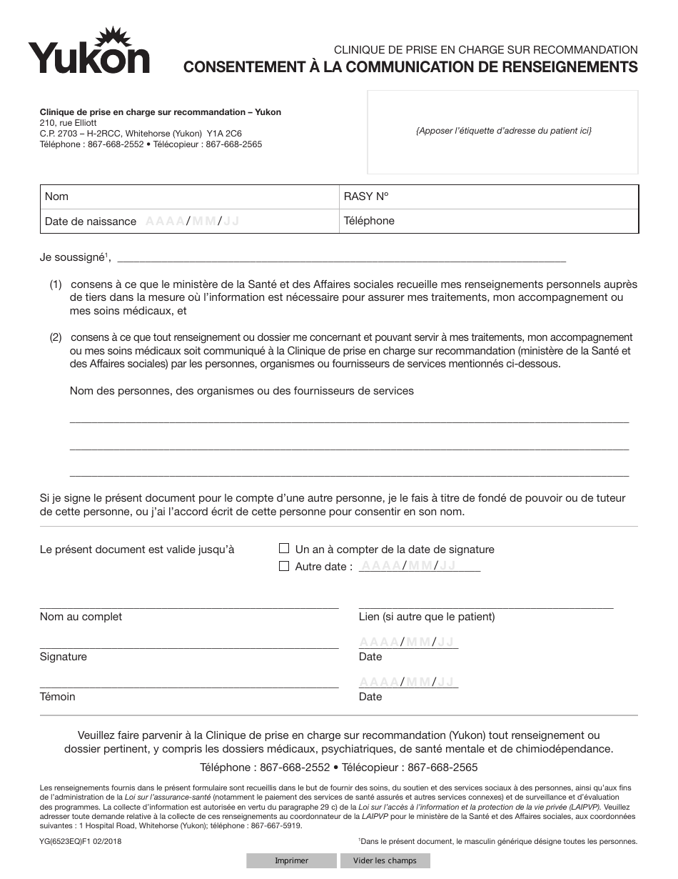 Forme YG6523 Consent for Release of Information - Yukon, Canada (French), Page 1