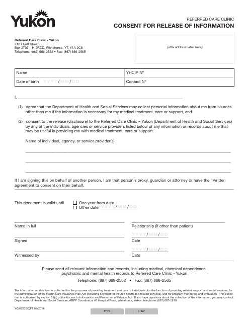 Form YG6523 Consent for Release of Information - Yukon, Canada