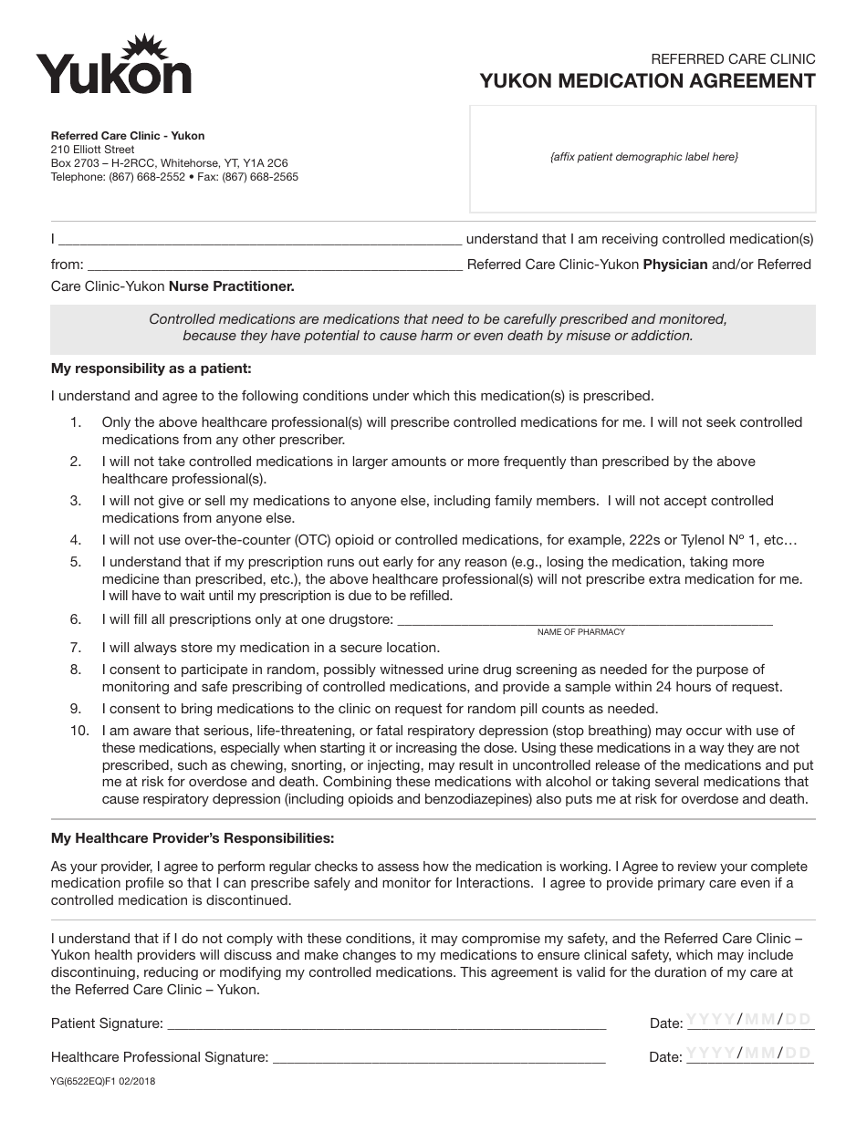 Form YG6522 Yukon Medication Agreement - Yukon, Canada, Page 1
